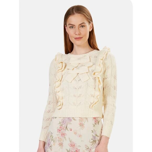 LOVESHACKFANCY Kennie Pullover Knit Sweater Ruffle Bow Cream M - Picture 2 of 11